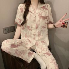 批发夏季睡衣女云朵棉翻领带胸垫短袖长裤学生甜美家居服套装