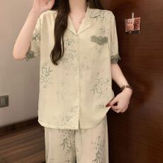 批发夏季睡衣女云朵棉翻领带胸垫短袖长裤学生甜美家居服套装