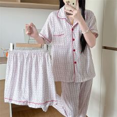 批发睡衣女春夏季开衫新款三件套装短裤短袖长裤云朵棉卡通印花家居服