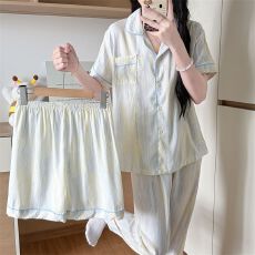 批发新款三件套装短裤短袖长裤云朵棉睡衣女春夏季开衫卡通印花家居服