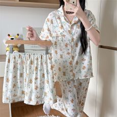 批发睡衣女春夏季开衫新款三件套装短裤短袖长裤云朵棉卡通印花家居服