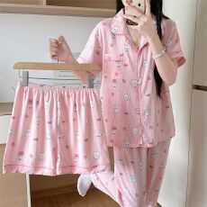 批发睡衣女春夏季开衫新款三件套装短裤短袖长裤云朵棉卡通印花家居服