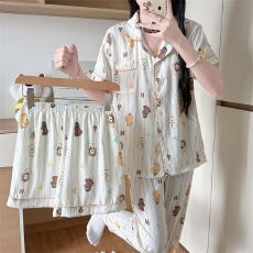 批发睡衣女春夏季开衫新款三件套装短裤短袖长裤云朵棉卡通印花家居服