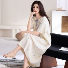 批发实拍夏季新款纯棉宽松休闲短袖睡裙女士韩版连体裙家居服