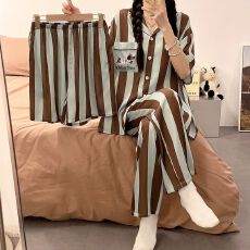 批发新款夏季<b class='q'>睡衣</b>女翻领冰雪丝<b class='q'>三件套</b>款舒适卡通<b class='q'>睡衣</b>夏天家居服