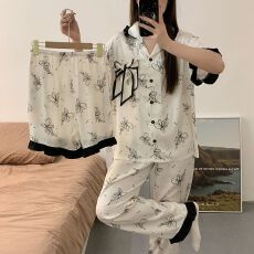 批发新款夏季<b class='q'>睡衣</b>女翻领冰雪丝<b class='q'>三件套</b>款舒适卡通<b class='q'>睡衣</b>夏天家居服