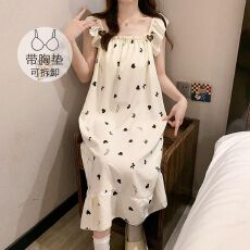 26年夏季皱布带胸垫吊带睡裙少女中长裙直播高品可外穿