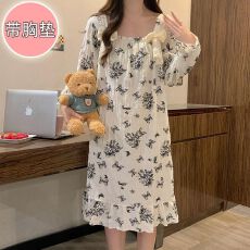 批发26年<b class='q'>春</b>季皱布带胸垫长袖睡裙少女中长裙直播高品可外穿