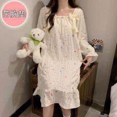 批发26年<b class='q'>春</b>季皱布带胸垫长袖睡裙少女中长裙直播高品可外穿