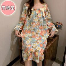 批发26年<b class='q'>春</b>季皱布带胸垫长袖睡裙少女中长裙直播高品可外穿