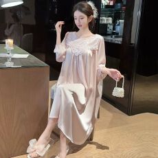 批发法式复古风长款睡裙温柔甜美蕾丝露背加长睡裙冰丝睡衣女