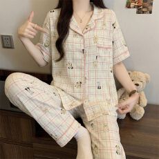 批发(实拍)云朵棉短袖长裤格子卡通小狗亲肤家居服女<b class='q'>睡衣</b>套装