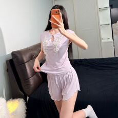 新款睡衣女千金法式带胸垫夏季蕾丝亮片莫代尔棉纯欲两件套可外穿