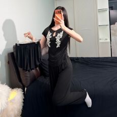 新款睡衣女千金法式带胸垫夏季蕾丝亮片莫代尔棉纯欲三件套可外穿