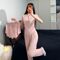 新款睡衣女千金法式带胸垫夏季蕾丝亮片莫代尔棉纯欲三件套可外穿