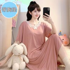 批发带固定胸垫睡衣女夏季新款莫代尔短袖裙宽松大码200斤可穿家居服