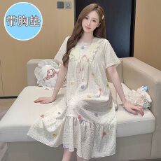 批发带固定胸垫睡衣女夏季泡泡布短袖裙宽松大码220斤可穿家居服M-5XL