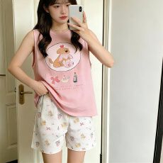 批发夏季睡衣女家居服-浅粉小狗抱毛兔背心白花裤双短