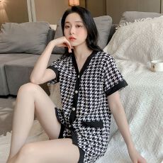 批发夏季华尔棉<b class='q'>加肥</b><b class='q'>加大</b>码开衫短袖短裤睡衣女套装家居服