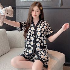 批发夏季华尔棉<b class='q'>加肥</b><b class='q'>加大</b>码开衫短袖短裤睡衣女套装家居服