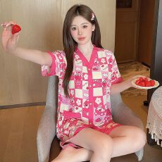 批发夏季华尔棉<b class='q'>加肥</b><b class='q'>加大</b>码开衫短袖短裤睡衣女套装家居服