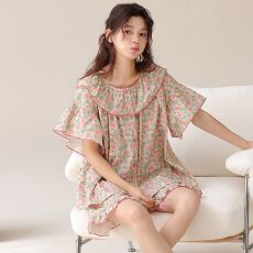 批发梭织纯棉<b class='q'>短袖</b>短裤套装翻领开衫<b class='q'>睡衣</b>少女夏季卡通全棉家居服