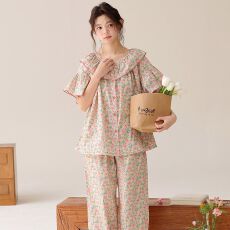 批发梭织纯棉<b class='q'>短袖</b>长裤套装翻领开衫<b class='q'>睡衣</b>少女夏季卡通全棉家居服