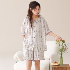 批发梭织纯棉<b class='q'>短袖</b>短裤套装翻领开衫<b class='q'>睡衣</b>少女夏季卡通全棉家居服