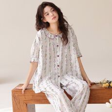 批发梭织纯棉<b class='q'>短袖</b>长裤套装翻领开衫<b class='q'>睡衣</b>少女夏季卡通全棉家居服