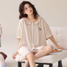 批发梭织纯棉<b class='q'>短袖</b>短裤套装翻领开衫<b class='q'>睡衣</b>少女夏季卡通全棉家居服