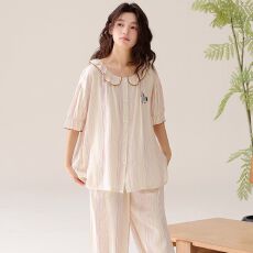 批发梭织纯棉<b class='q'>短袖</b>长裤套装翻领开衫<b class='q'>睡衣</b>少女夏季卡通全棉家居服