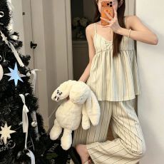 批发夏季新款泡泡皱吊带甜美休闲宽松两件套带胸垫