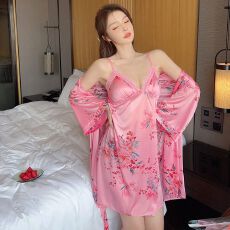 批发冰丝吊带两件套<b class='q'>夏</b>季女士性感睡衣花卉印花睡袍睡裙家居服带胸垫