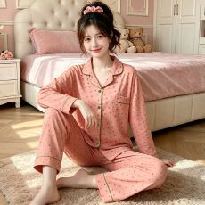 批发ins风韩系可爱甜美草莓<b class='q'>长袖</b>长裤仿棉拉架家居服套装