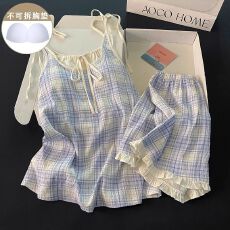批发格子吊带睡衣<b class='q'>女士</b>夏款带一体式胸垫少女云朵棉绑带短裤家居服套装