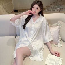 批发直播爆款纯白<b class='q'>衬衫</b>裙女生宽松高级烫钻冰雪丝斩男感家居服