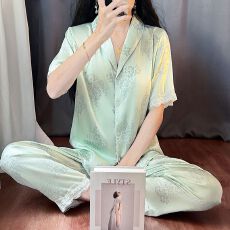批发睡衣女款夏季凉感冰雪丝短袖长<b class='q'>裤</b>开衫简约风两件套<b class='q'>装</b>家居服