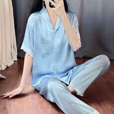 批发睡衣女款夏季凉感冰雪丝短袖长<b class='q'>裤</b>开衫简约风两件套<b class='q'>装</b>家居服