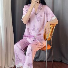 批发睡衣女款夏季凉感冰雪丝短袖长<b class='q'>裤</b>开衫简约风两件套<b class='q'>装</b>家居服