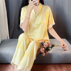 批发睡衣女款夏季凉感冰雪丝短袖长<b class='q'>裤</b>开衫简约风两件套<b class='q'>装</b>家居服