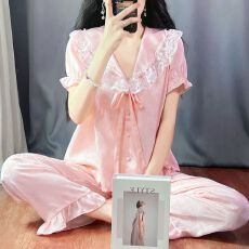 批发【实拍图】新款宫廷风花边冰丝提花睡衣女夏季短袖长<b class='q'>裤</b>家居服套装