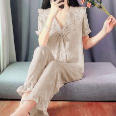 批发【实拍图】新款宫廷风花边冰丝提花睡衣女夏季短袖长<b class='q'>裤</b>家居服套装