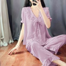批发【实拍图】新款宫廷风花边冰丝提花睡衣女夏季短袖长<b class='q'>裤</b>家居服套装