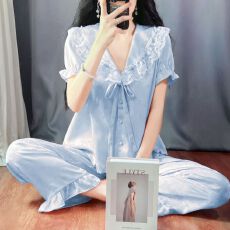 批发【实拍图】新款宫廷风花边冰丝提花睡衣女夏季短袖长<b class='q'>裤</b>家居服套装