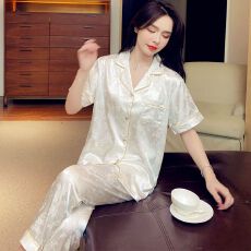 批发夏季冰丝睡衣女开衫休闲高端提花仿真丝女士短袖长<b class='q'>裤</b>家居服套装