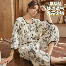 批发云朵棉带胸垫<b class='q'>睡衣</b>女夏季九分袖九分裤<b class='q'>家居服</b>套装