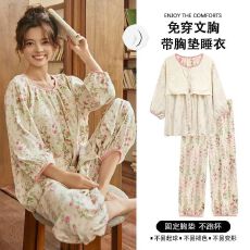 批发云朵棉带胸垫<b class='q'>睡衣</b>女夏季九分袖九分裤<b class='q'>家居服</b>套装