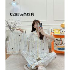 批发夏季新款女开衫翻领双短长裤三件套卡通<b class='q'>睡衣</b>舒适云朵棉