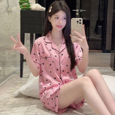 批发(实拍)ins风甜美粉色爱心短袖短裤家居服仿<b class='q'>真丝</b><b class='q'>睡衣</b><b class='q'>套装</b>