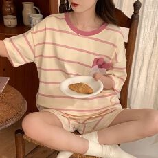 夏季仿棉少女短袖女睡衣夏天可爱短裤睡衣套装套头直播圆领家居服